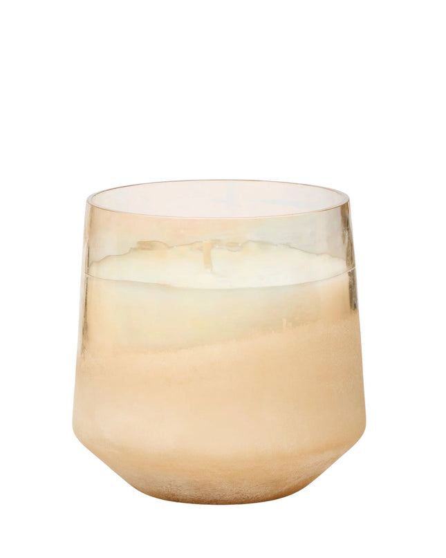 Beige candle in a glass container on a white background
