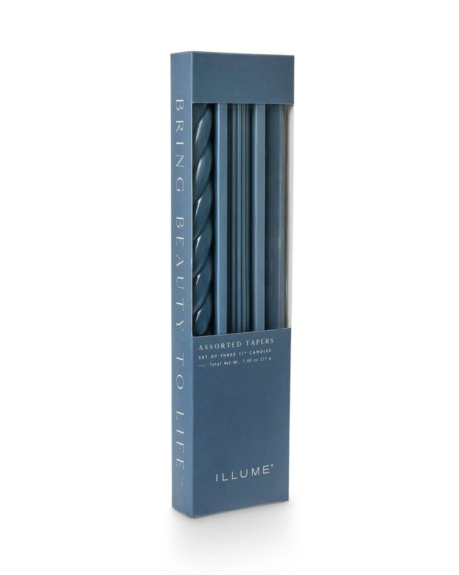 Pack of Illume assorted tapers in a blue box on a white background