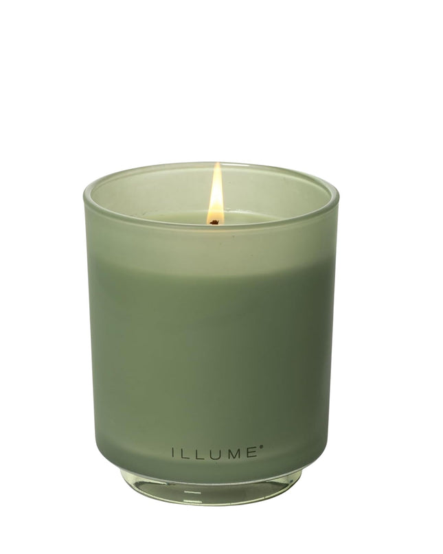 Green candle in a glass container with 'ILLUME' branding on a white background