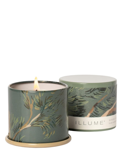 Two candles with leaf patterns on a white background, one lit.