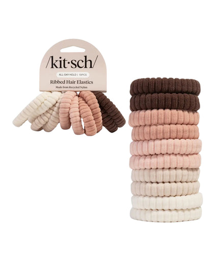 Blush Recycled Fabric Ribbed Hair Elastics 10pc Set Brown