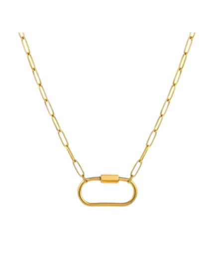 A gold paperclip chain necklace with a central oval link clasp, displayed on a clean white background.