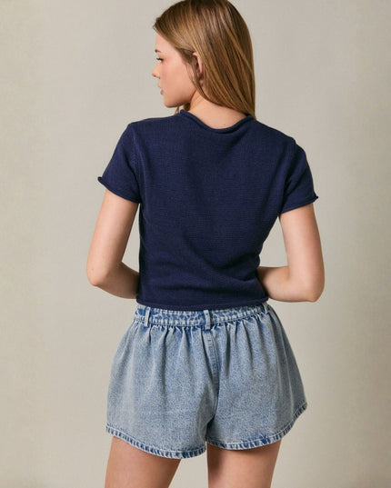 Cap Sleeve Round Neck Button Down Sweater