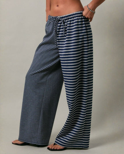 Stripe Difference Low Rise Elastic Waist Pants Navy BLue