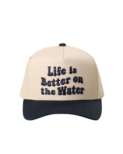 Beige and navy cap with 'Life is Better on the Water' text on a white background