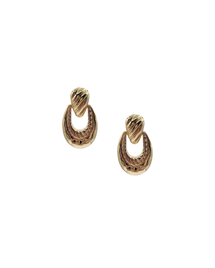 A pair of gold-toned twisted hoop earrings with a textured, ribbed finish, shown on a plain white background.