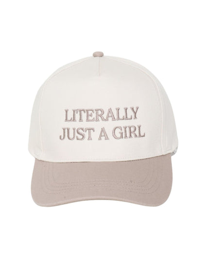 White cap with 'LITERALLY JUST A GIRL' text on a white background