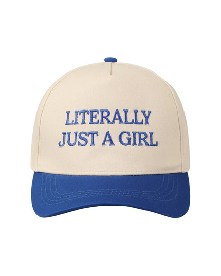 Beige and blue cap with 'LITERALLY JUST A GIRL' text on a white background