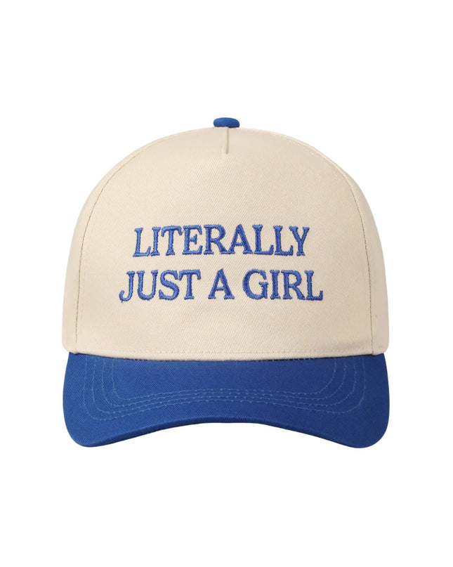 Beige and blue cap with 'LITERALLY JUST A GIRL' text on a white background
