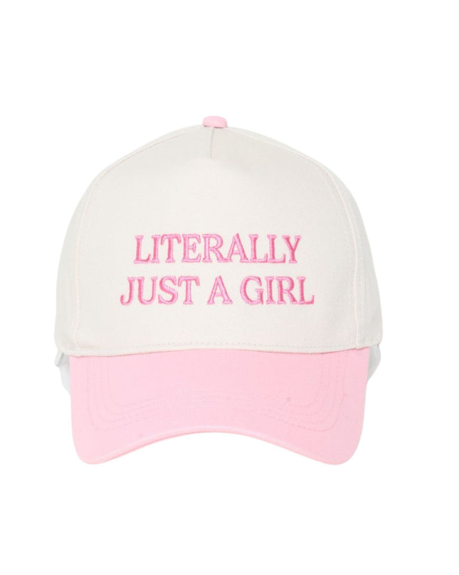 White and pink cap with 'LITERALLY JUST A GIRL' text on a white background