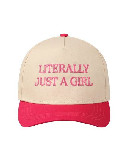 Beige and red cap with 'LITERALLY JUST A GIRL' text on a white background