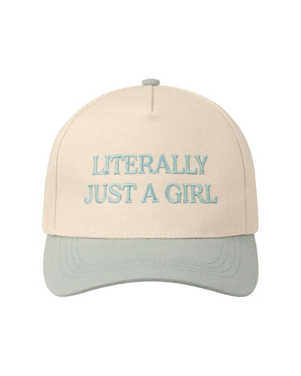 Beige cap with 'LITERALLY JUST A GIRL' text on a white background