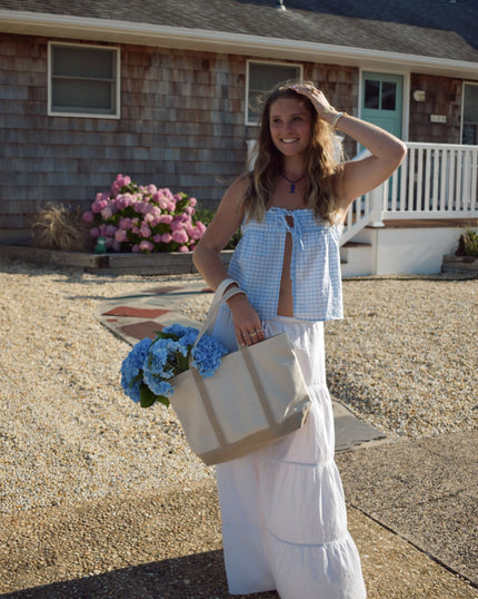 Brielle Flowy Skirt, Gingham Tie Front Spaghetti Strap Top and Canvas Tote Bag