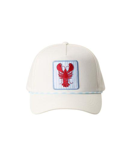 White cap with a red lobster emblem on a white background