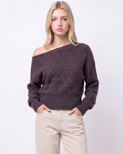 Asymmetric Cable Knit Off Shoulder Sweater