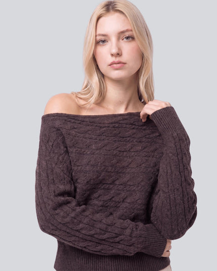 Asymmetric Cable Knit Off Shoulder Sweater Brown