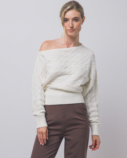 Asymmetric Cable Knit Off Shoulder Sweater Cream