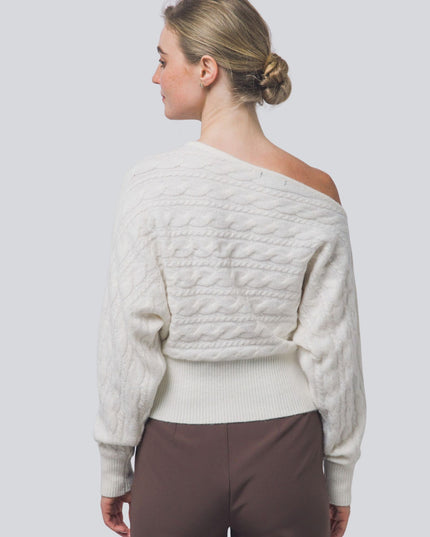 Asymmetric Cable Knit Off Shoulder Sweater Ivory