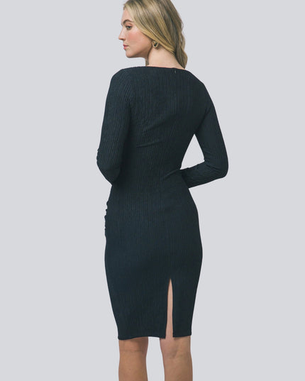 Buckle Twist Front Crinkle Long Sleeve Midi Dress