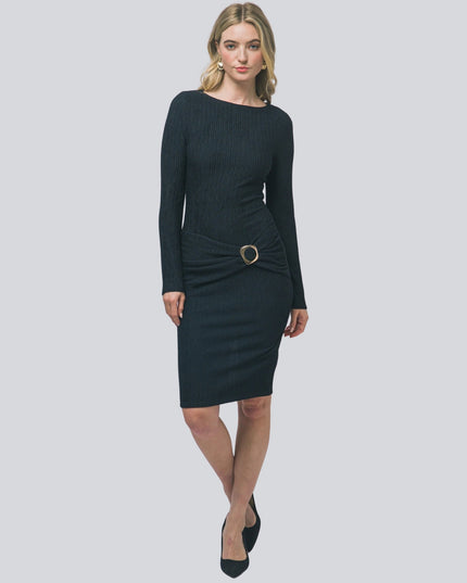 Buckle Twist Front Crinkle Long Sleeve Midi Dress