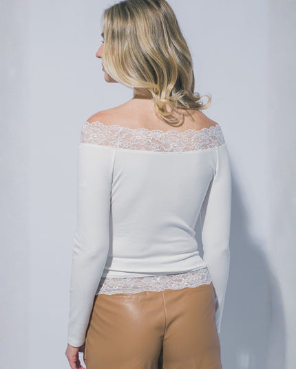 Lace Trim Off Shoulder Ribbed Long Sleeve Top