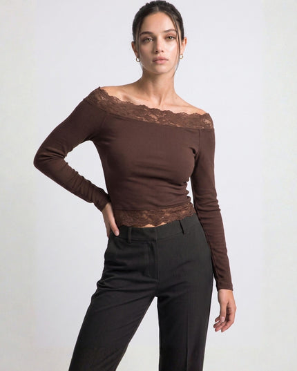 Lace Trim Off Shoulder Ribbed Long Sleeve Top Brown