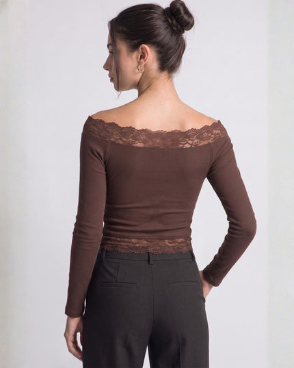 Lace Trim Off Shoulder Ribbed Long Sleeve Top Mocha