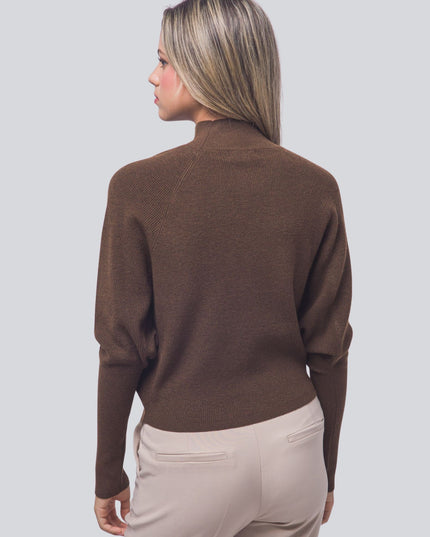 Mock Neck Batwing Sleeve Ribbed Sweater Brown