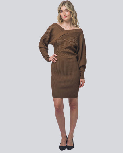 Off Shoulder V Neck Ribbed Long Sleeve Mini Sweater Dress