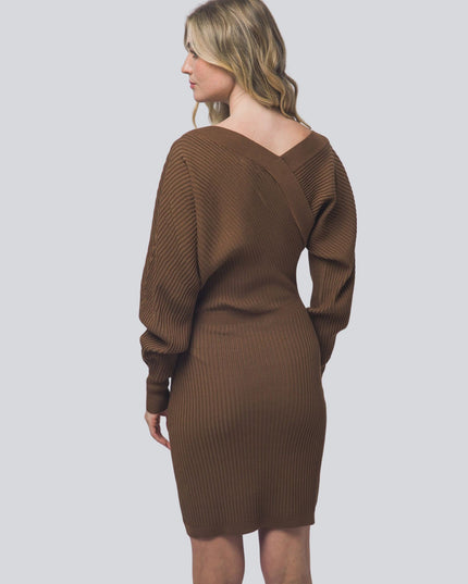 Off Shoulder V Neck Ribbed Long Sleeve Mini Sweater Dress Brown
