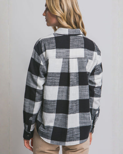 Plaid Flannel Button Down Collared Long Sleeve Top