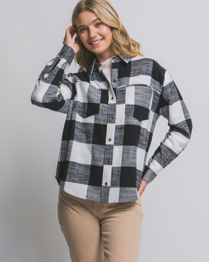 Plaid Flannel Button Down Collared Long Sleeve Top Black