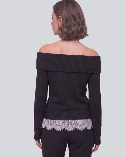 Ribbed Off Shoulder Lace Hem Sweater