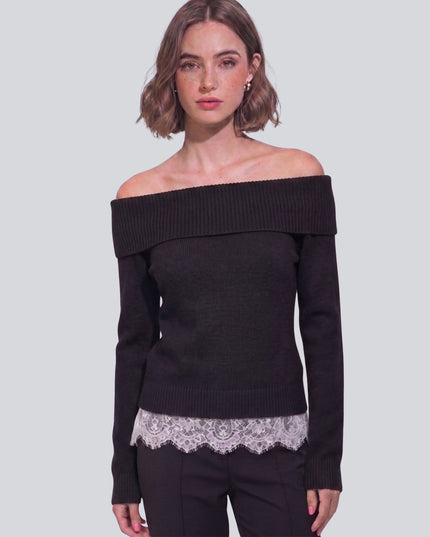 Ribbed Off Shoulder Lace Hem Sweater Black