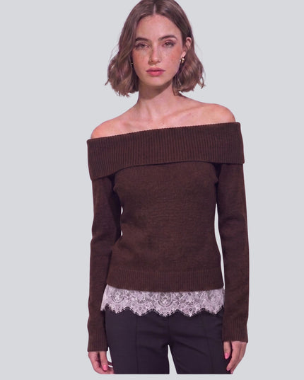 Ribbed Off Shoulder Lace Hem Sweater Brown