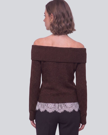 Ribbed Off Shoulder Lace Hem Sweater Chocolate