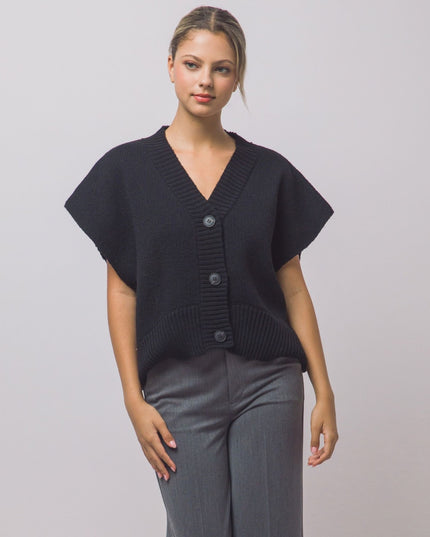 Ribbed Trim Sleeveless 3 Button Down Cardigan Sweater Black