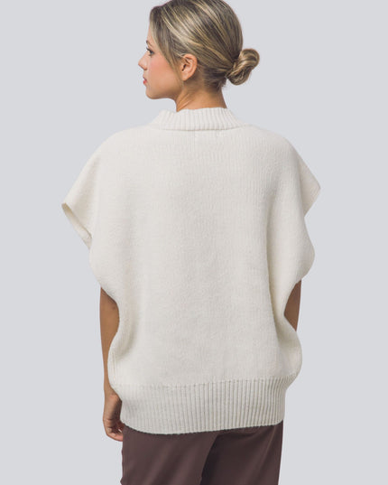 Ribbed Trim Sleeveless 3 Button Down Cardigan Sweater Cream