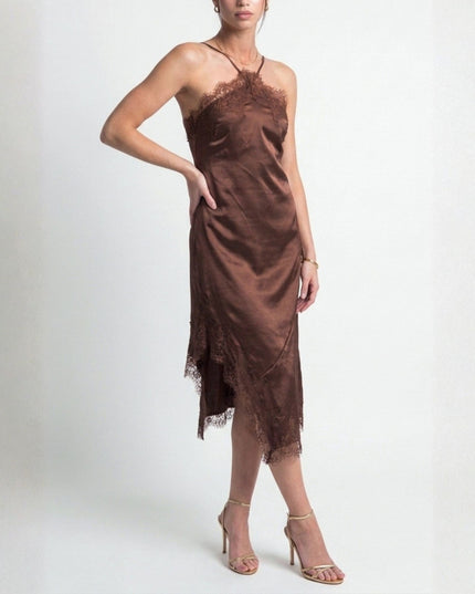 Satin Lace Trim Halter Spaghetti Strap Asymmetrical Hem Midi Dress