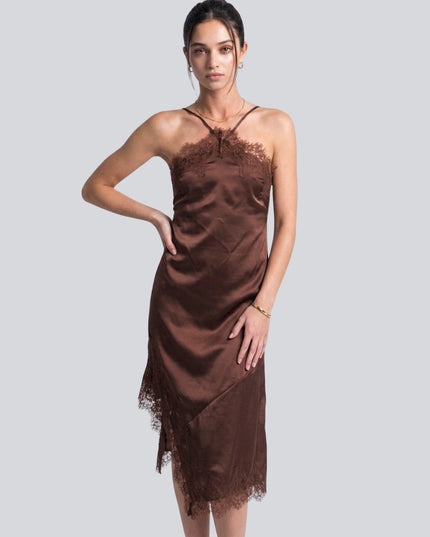 Satin Lace Trim Halter Spaghetti Strap Asymmetrical Hem Midi Dress Brown