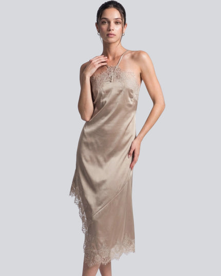 Satin Lace Trim Halter Spaghetti Strap Asymmetrical Hem Midi Dress Champagne