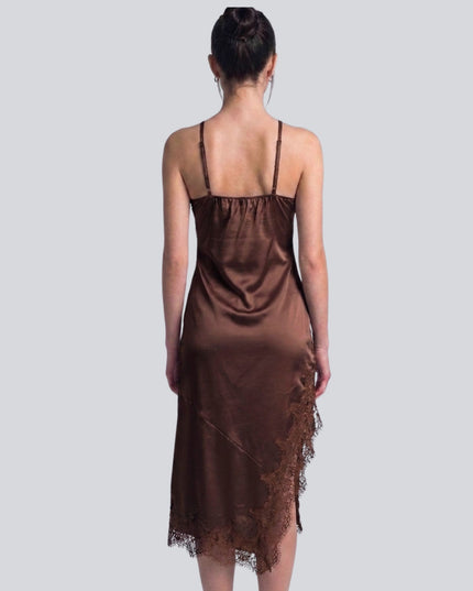 Satin Lace Trim Halter Spaghetti Strap Asymmetrical Hem Midi Dress Chocolate
