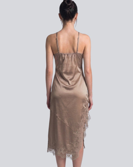 Satin Lace Trim Halter Spaghetti Strap Asymmetrical Hem Midi Dress Taupe