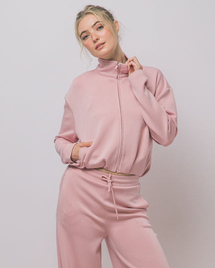 Zip Up Stand Collar Cropped Fleece Bomber Jacket Pink