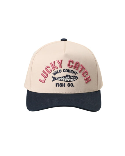 Beige and navy cap with 'Lucky Catch Fish Co.' text on a white background
