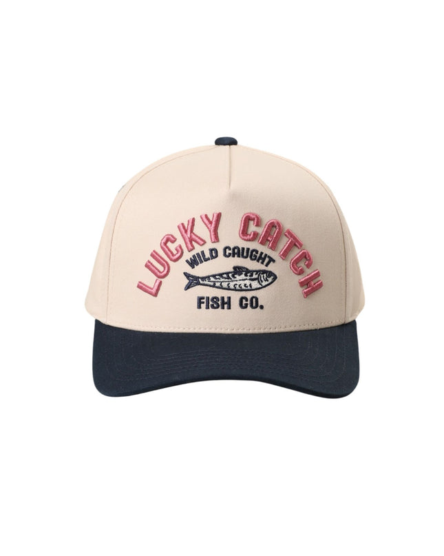 Beige and navy cap with 'Lucky Catch Fish Co.' text on a white background