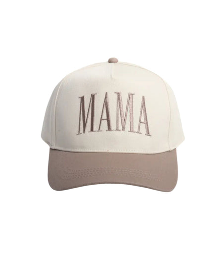 A structured baseball cap with an off-white crown and a taupe curved brim, featuring the word 'MAMA' embroidered in taupe across the front.