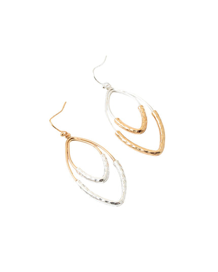 A pair of double-loop dangle earrings in gold and silver-tone metals, featuring a textured hammered finish on the outer loops and a smooth inner loop, shown on a plain white background.
