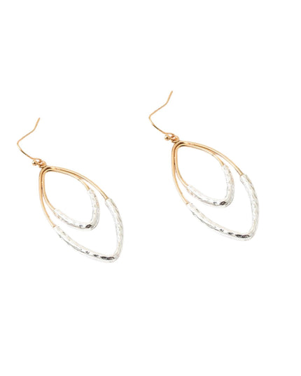 A pair of double-loop dangle earrings with one inner loop in textured rose gold and the outer loop in textured silver, hanging from gold-tone fishhook wires on a plain white background.