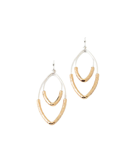 A pair of double-layered geometric dangle earrings featuring textured gold and polished silver-tone metal, shown against a plain white background.